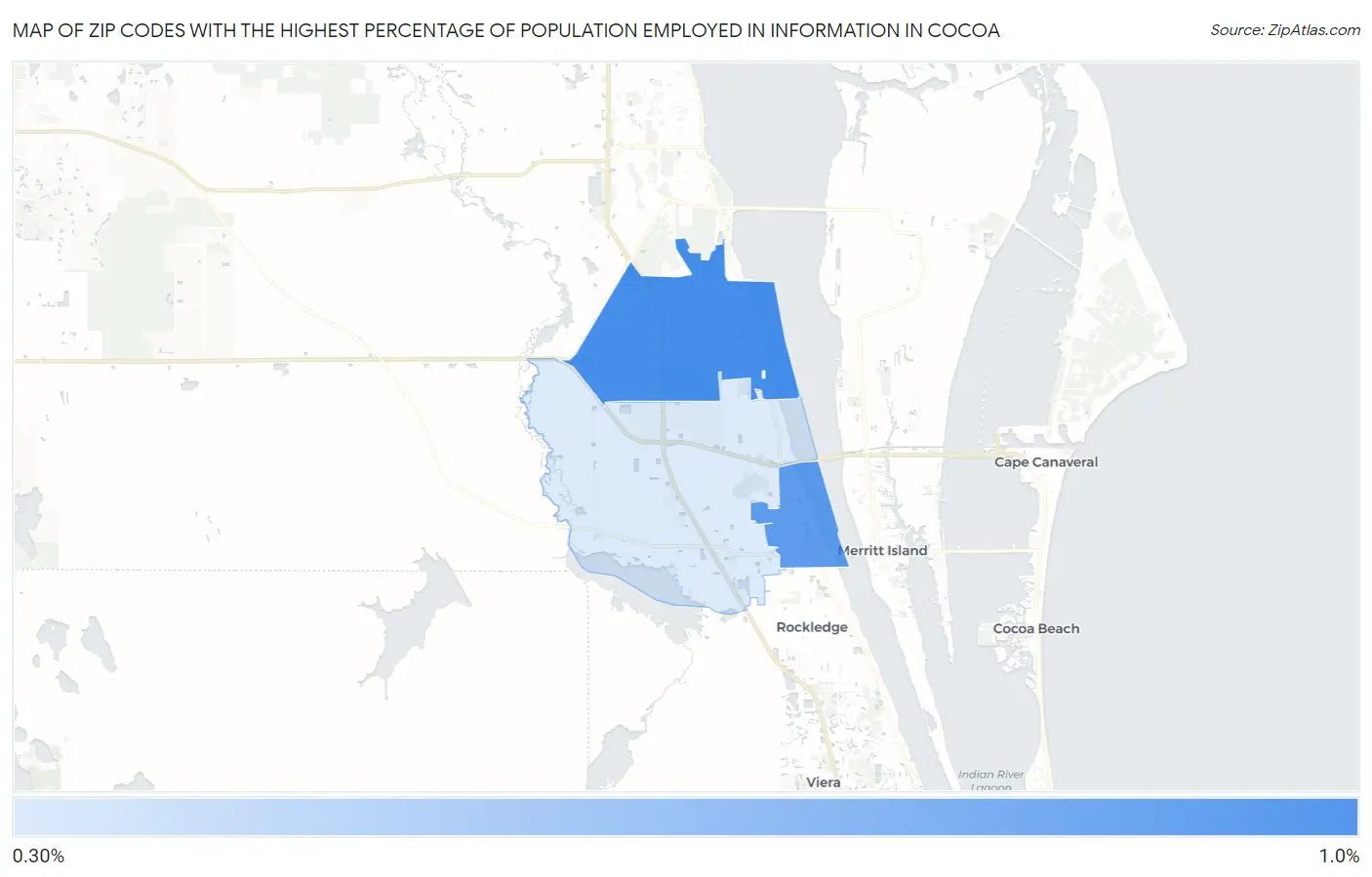Zip Codes with the Highest Percentage of Population Employed in Information in Cocoa Map