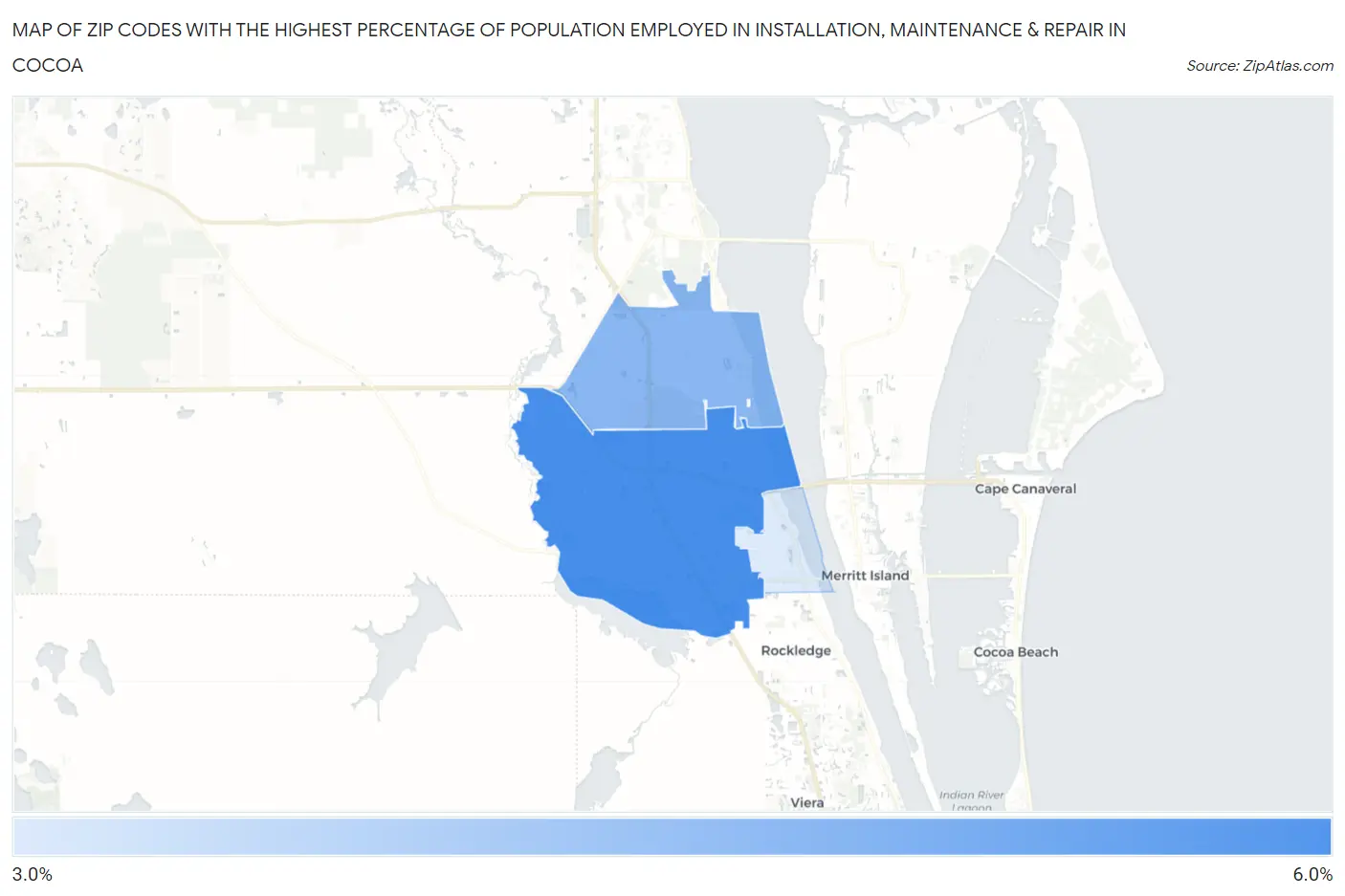 Zip Codes with the Highest Percentage of Population Employed in Installation, Maintenance & Repair in Cocoa Map