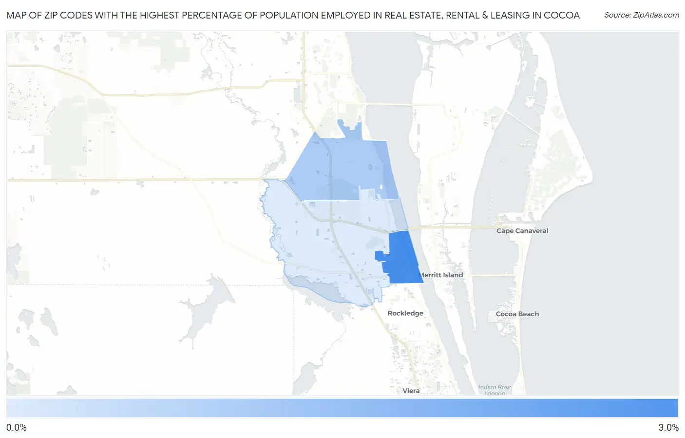 Zip Codes with the Highest Percentage of Population Employed in Real Estate, Rental & Leasing in Cocoa Map
