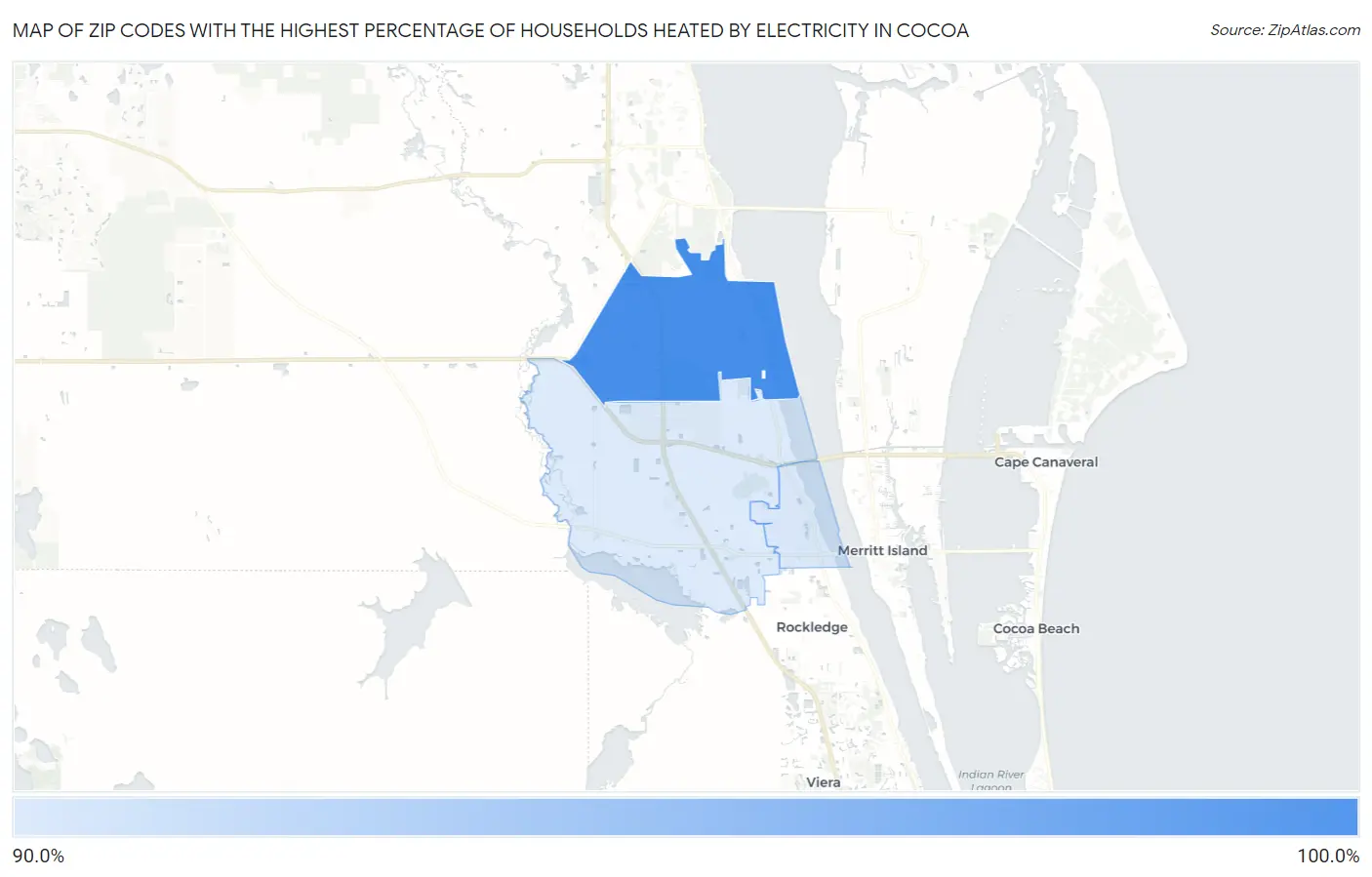 Zip Codes with the Highest Percentage of Households Heated by Electricity in Cocoa Map