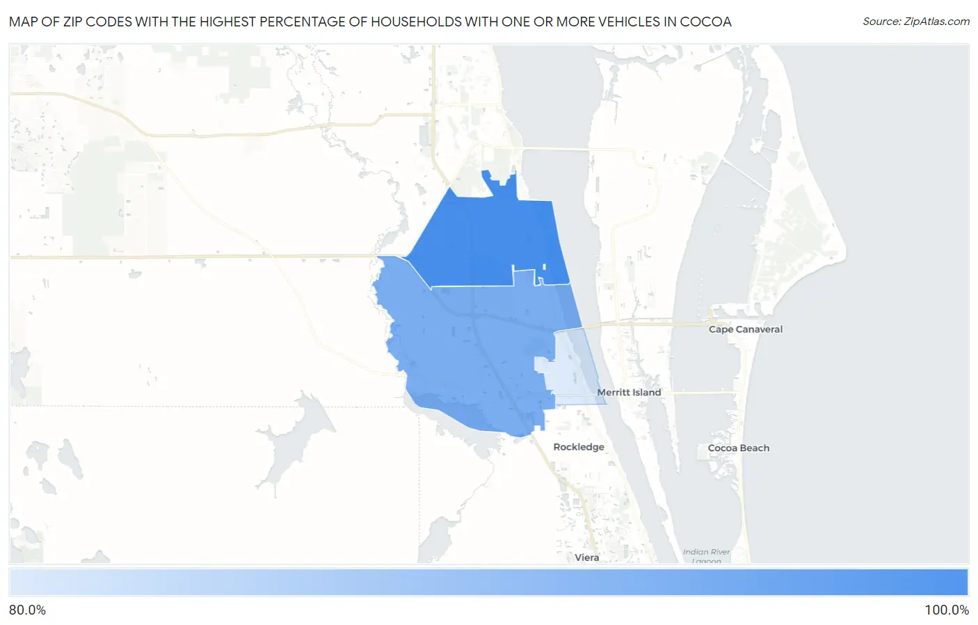 Zip Codes with the Highest Percentage of Households With One or more Vehicles in Cocoa Map