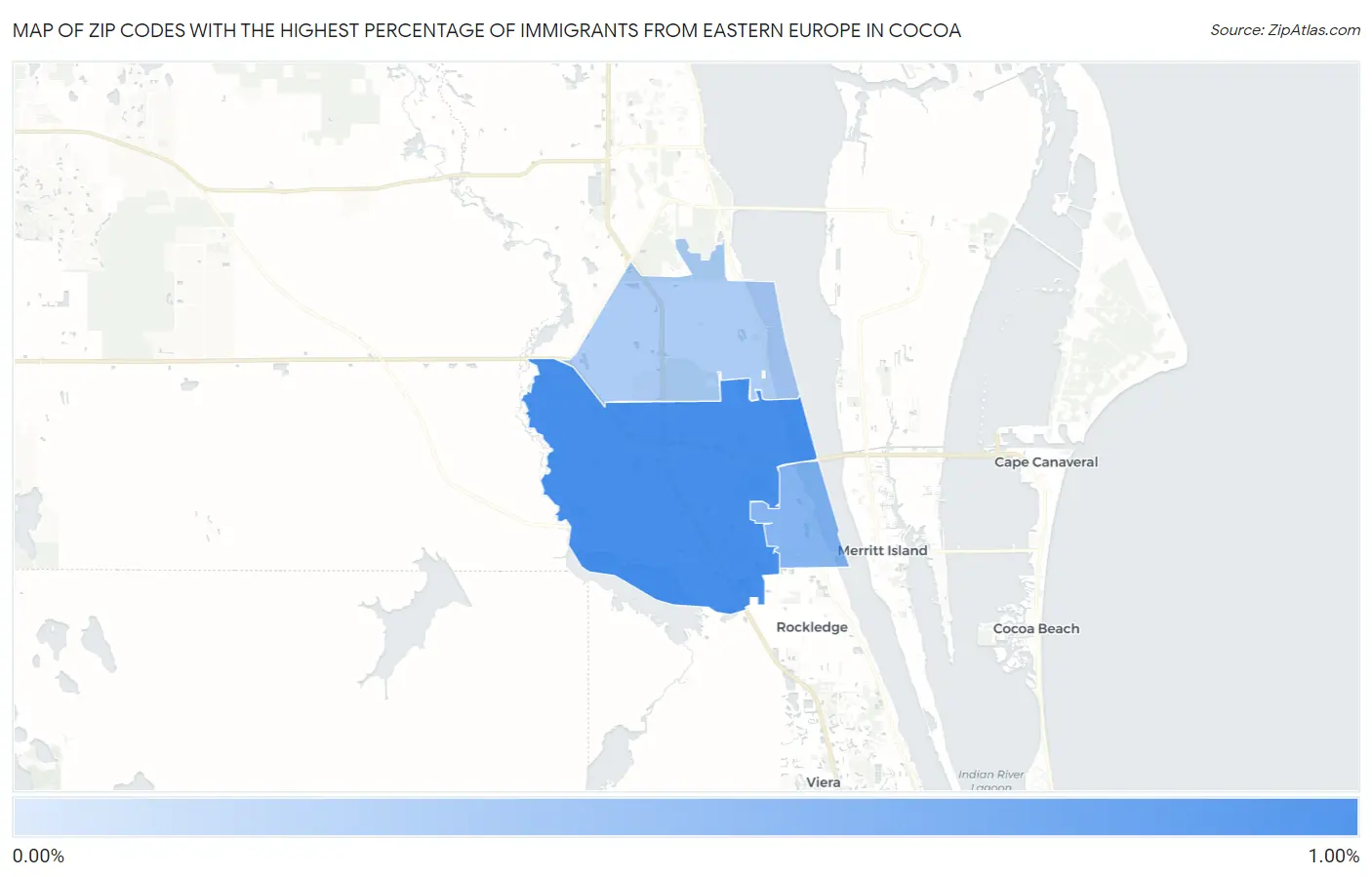 Zip Codes with the Highest Percentage of Immigrants from Eastern Europe in Cocoa Map