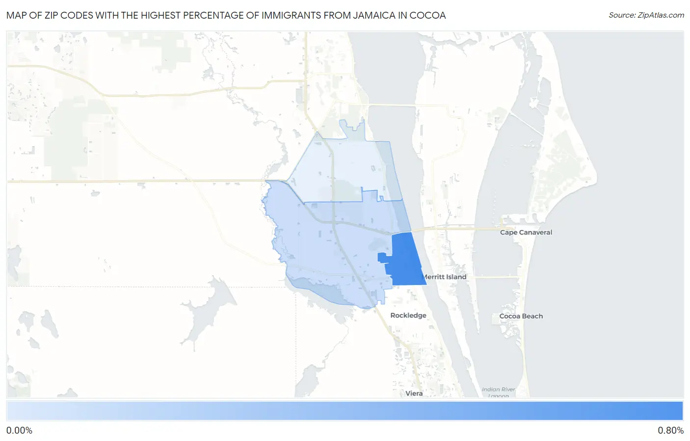 Zip Codes with the Highest Percentage of Immigrants from Jamaica in Cocoa Map