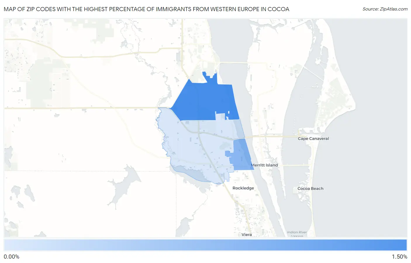Zip Codes with the Highest Percentage of Immigrants from Western Europe in Cocoa Map