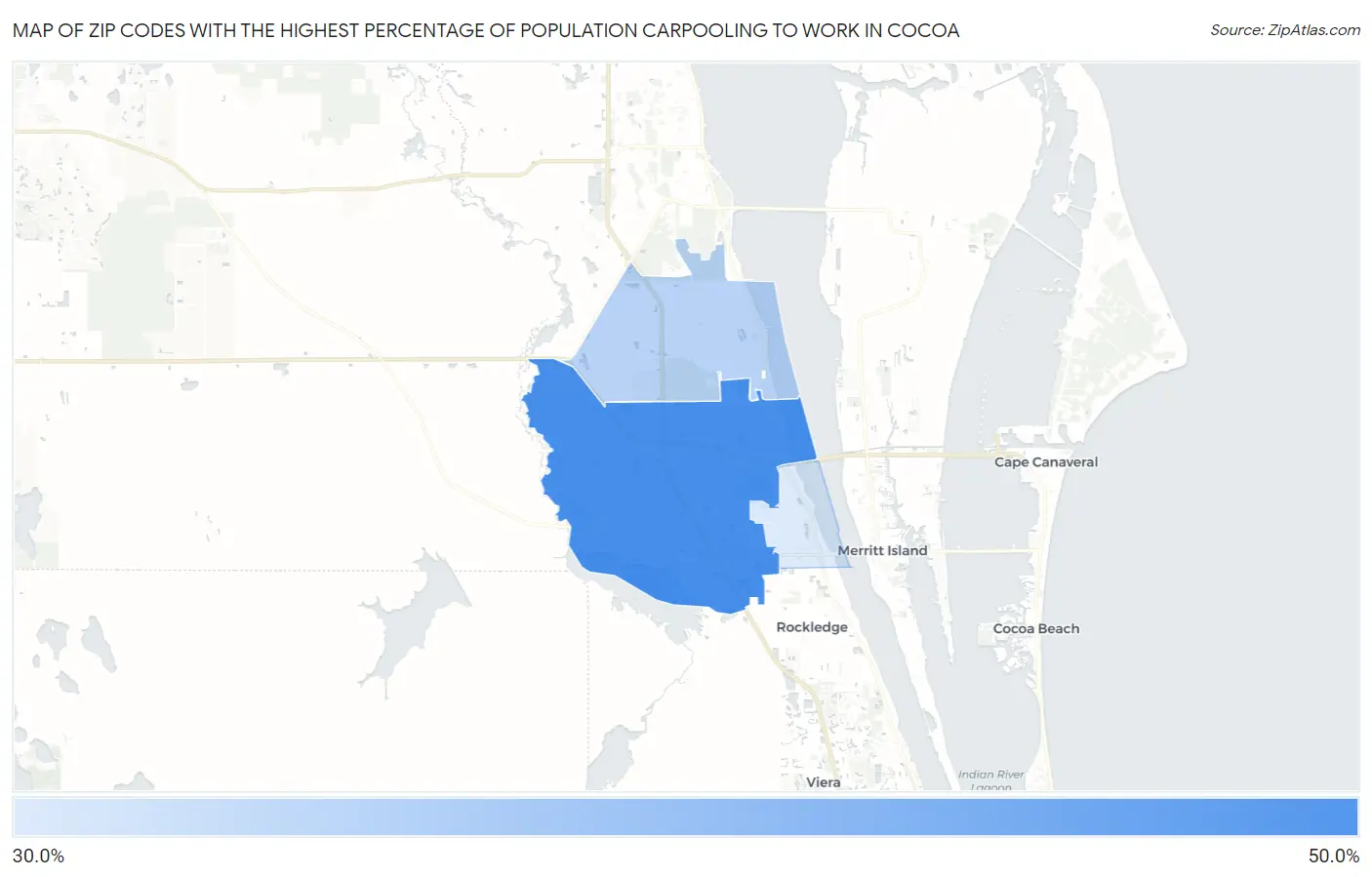 Zip Codes with the Highest Percentage of Population Carpooling to Work in Cocoa Map