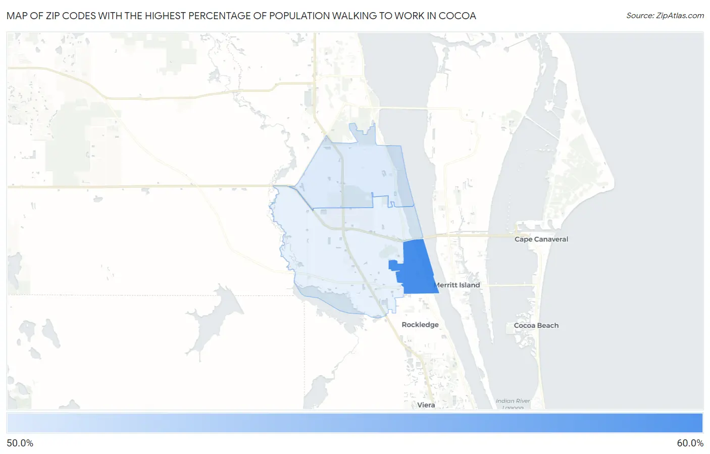 Zip Codes with the Highest Percentage of Population Walking to Work in Cocoa Map