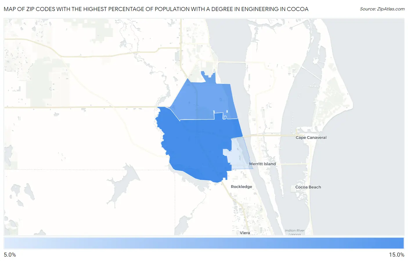 Zip Codes with the Highest Percentage of Population with a Degree in Engineering in Cocoa Map