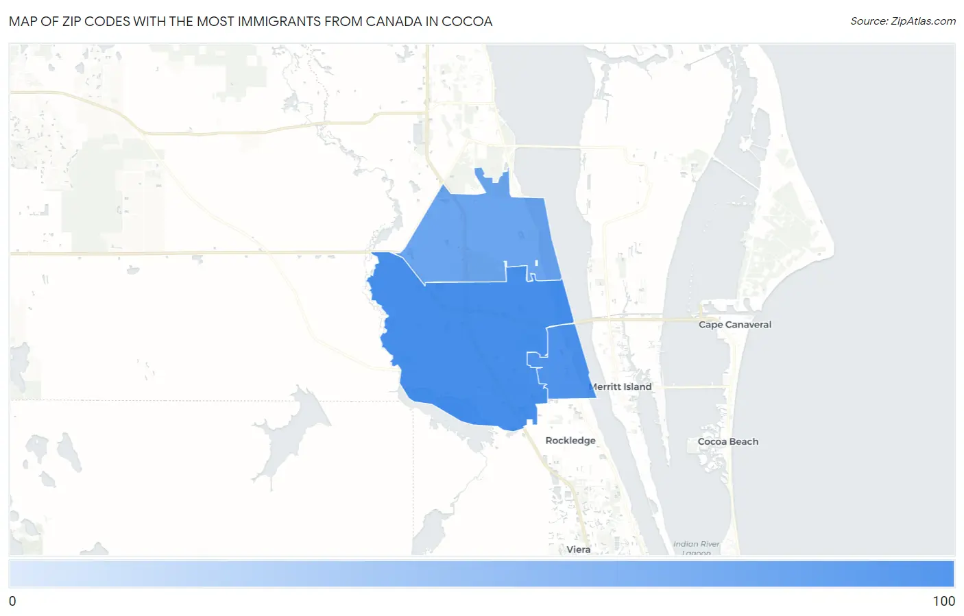 Zip Codes with the Most Immigrants from Canada in Cocoa Map