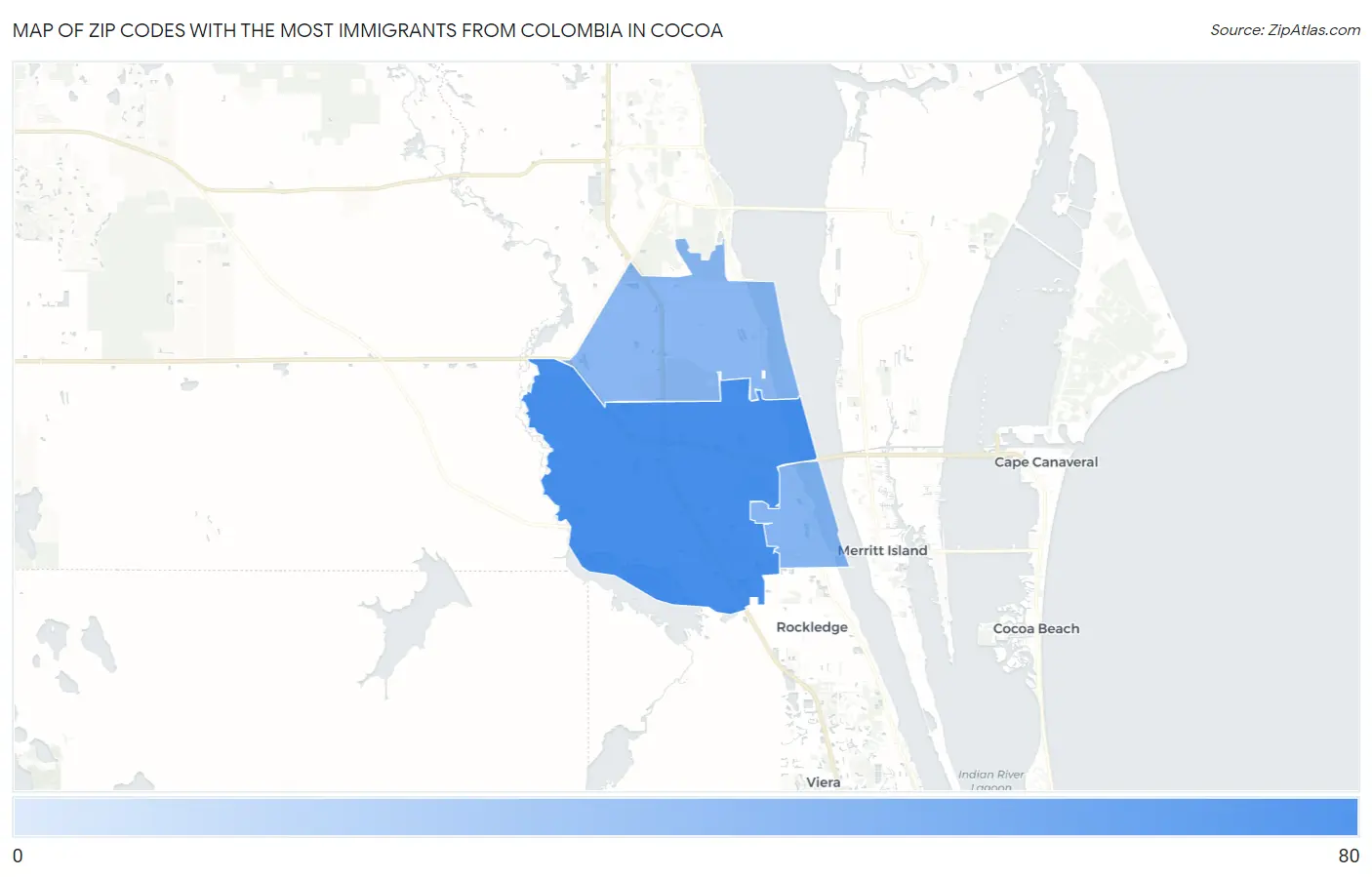 Zip Codes with the Most Immigrants from Colombia in Cocoa Map