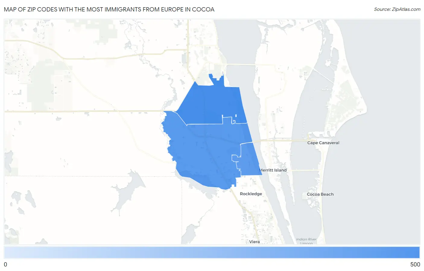 Zip Codes with the Most Immigrants from Europe in Cocoa Map