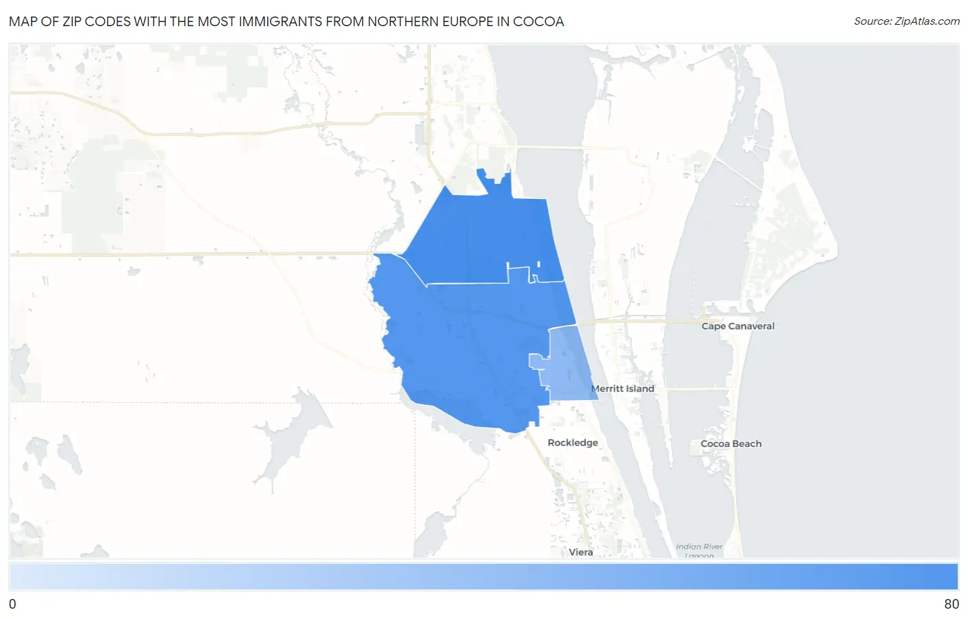 Zip Codes with the Most Immigrants from Northern Europe in Cocoa Map