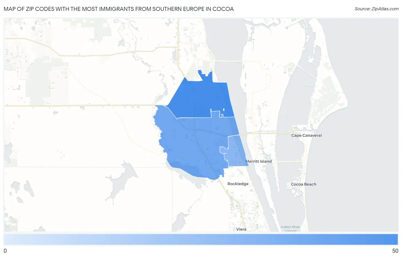 Zip Codes with the Most Immigrants from Southern Europe in Cocoa Map