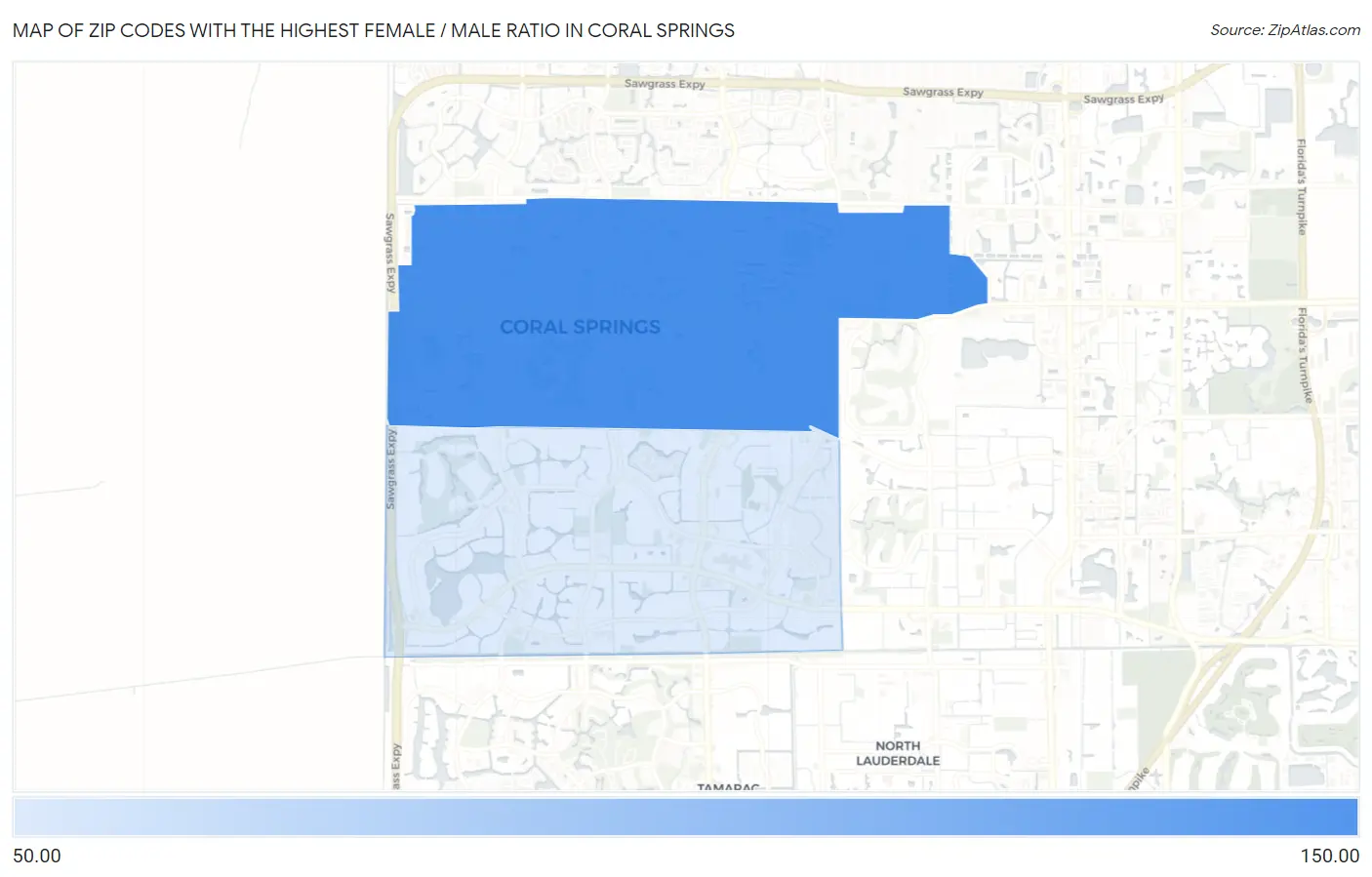 Zip Codes with the Highest Female / Male Ratio in Coral Springs Map
