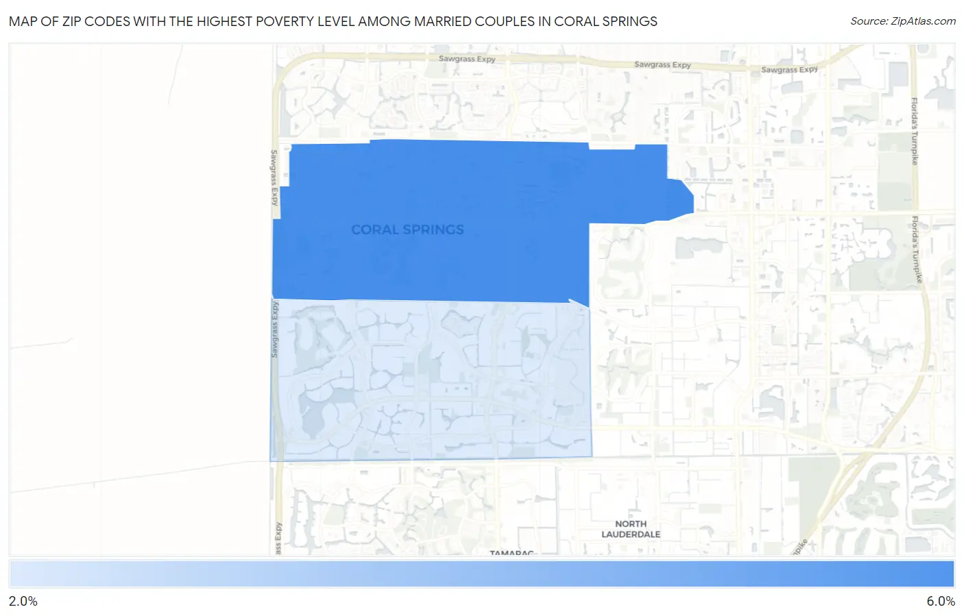 Zip Codes with the Highest Poverty Level Among Married Couples in Coral Springs Map