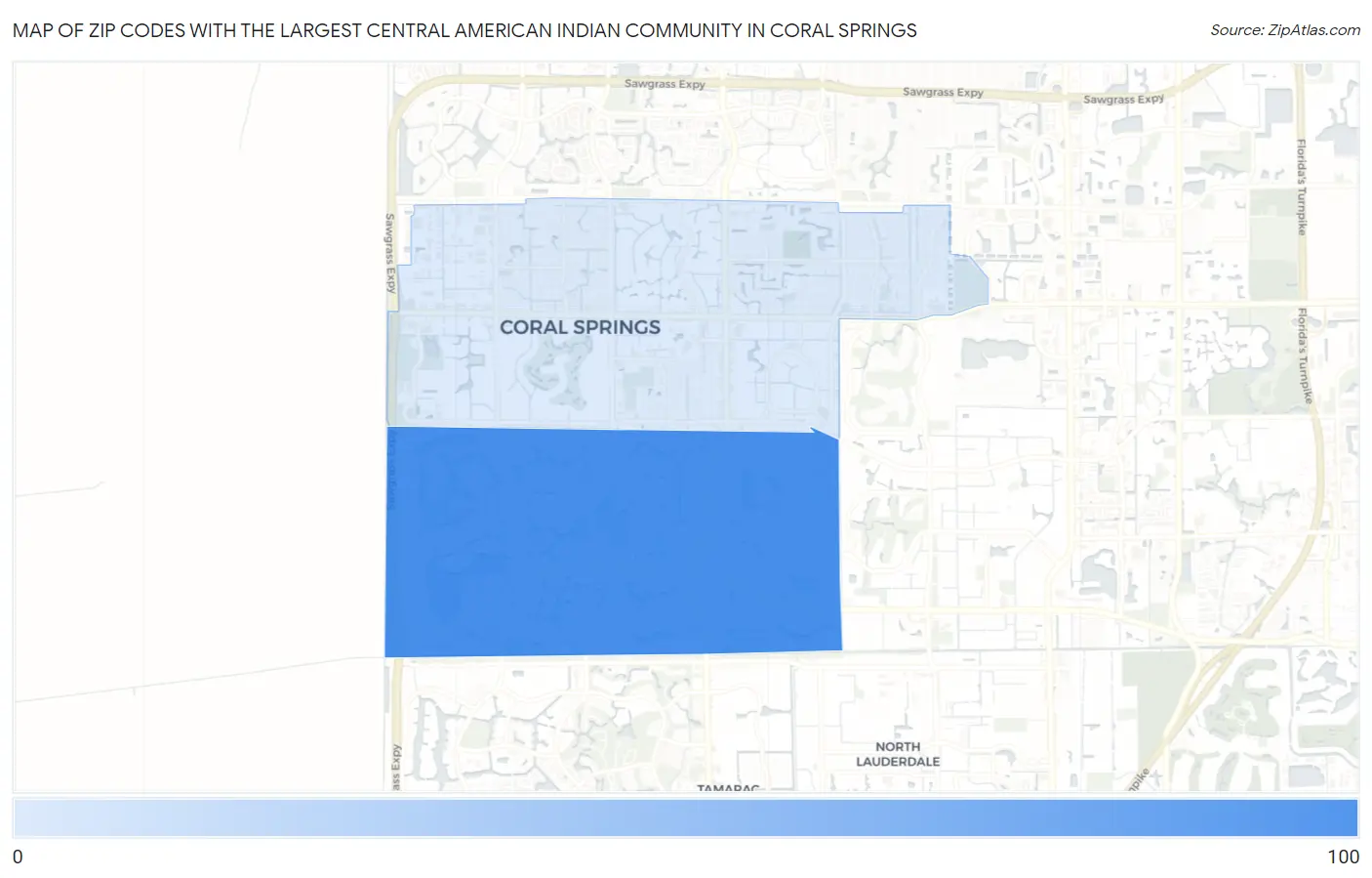 Zip Codes with the Largest Central American Indian Community in Coral Springs Map
