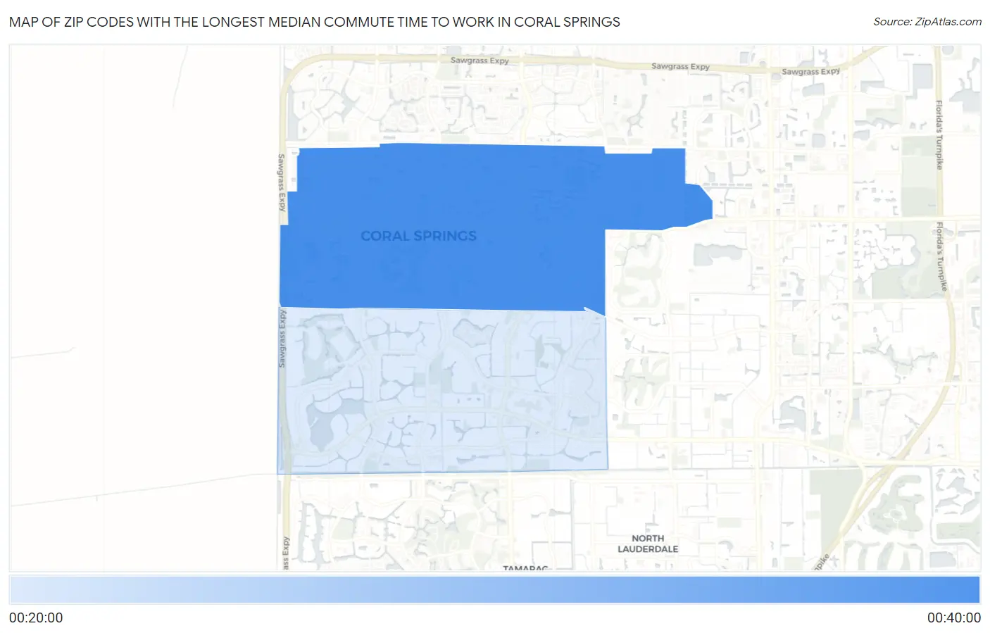 Zip Codes with the Longest Median Commute Time to Work in Coral Springs Map