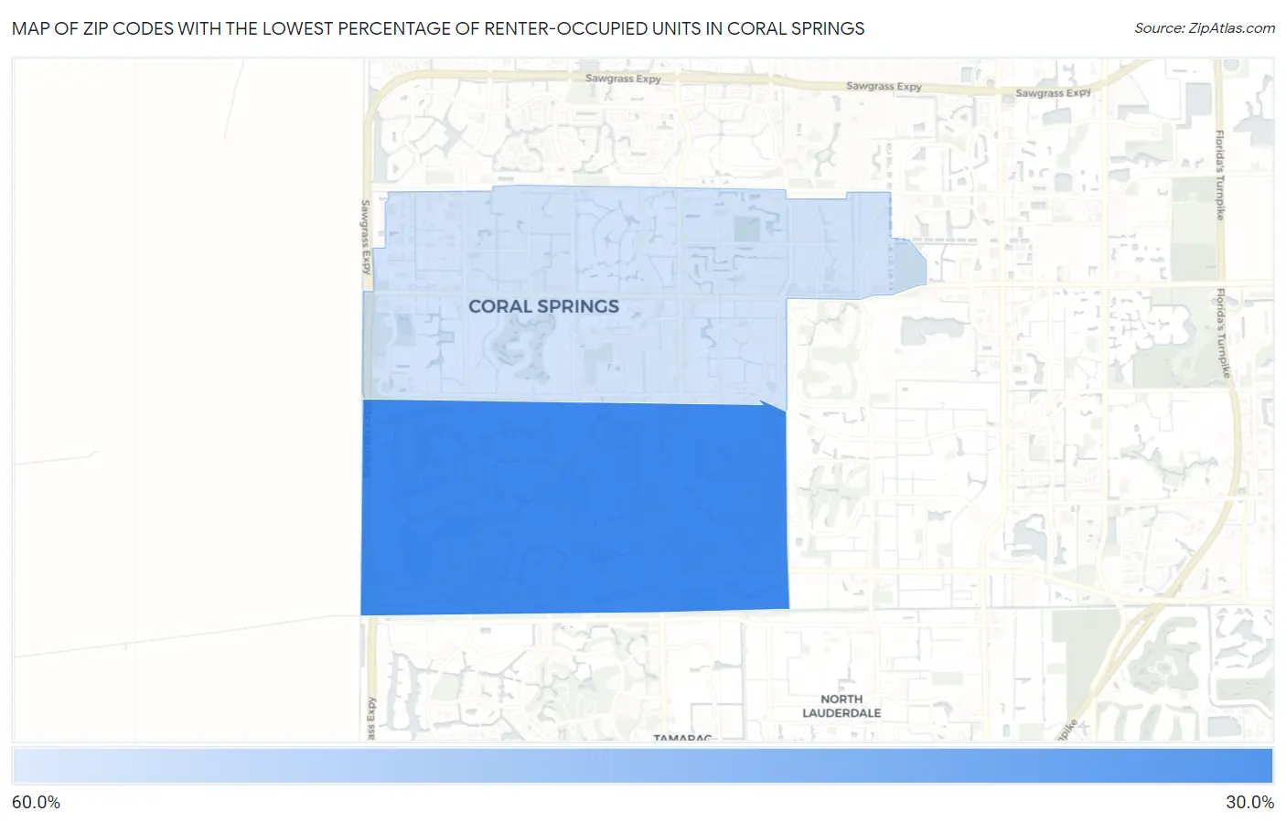 Zip Codes with the Lowest Percentage of Renter-Occupied Units in Coral Springs Map