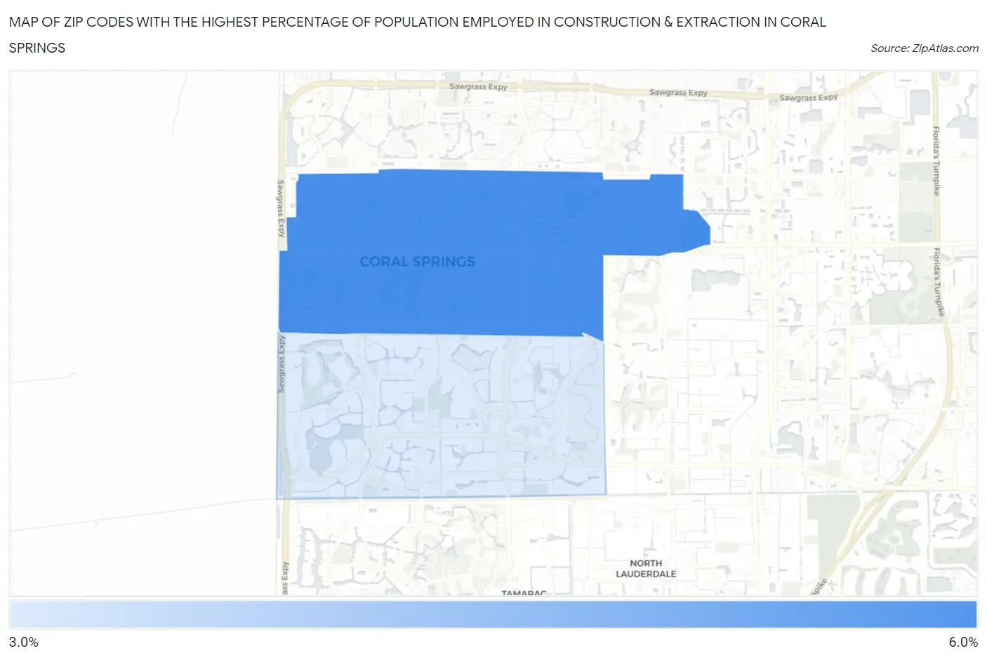 Zip Codes with the Highest Percentage of Population Employed in Construction & Extraction in Coral Springs Map