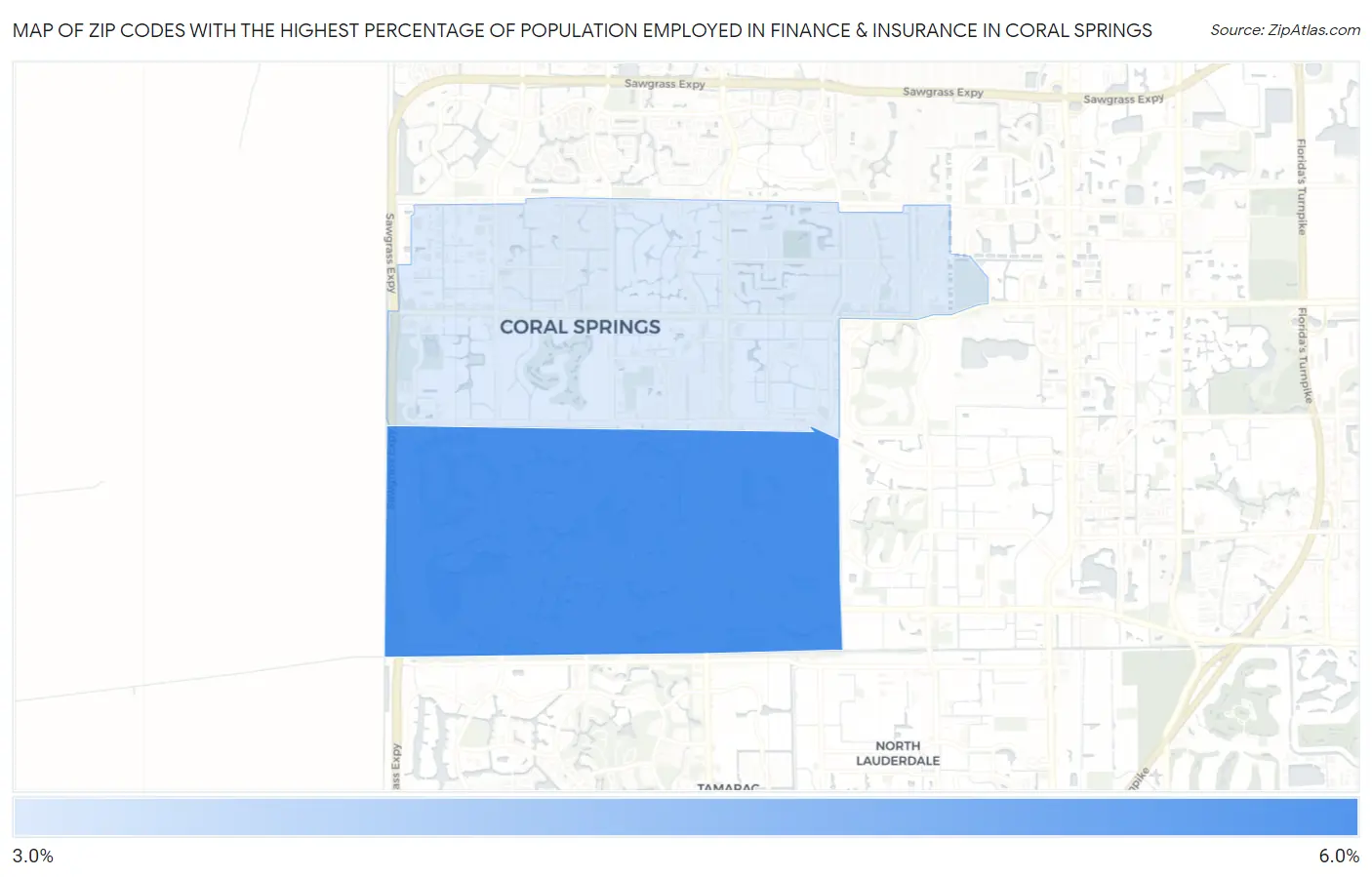 Zip Codes with the Highest Percentage of Population Employed in Finance & Insurance in Coral Springs Map