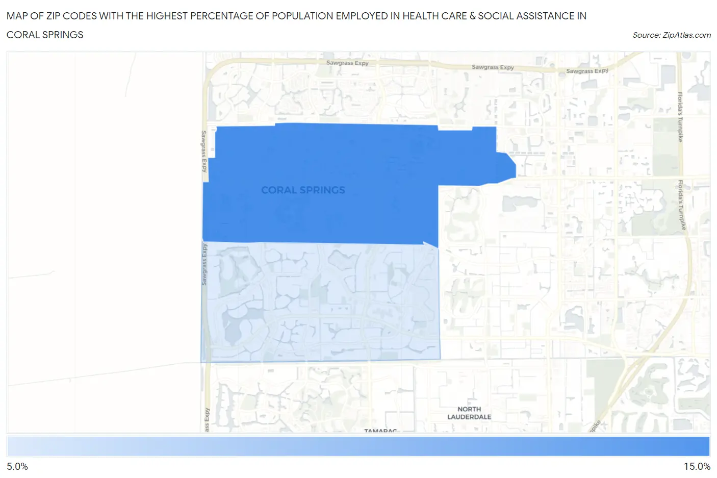 Zip Codes with the Highest Percentage of Population Employed in Health Care & Social Assistance in Coral Springs Map