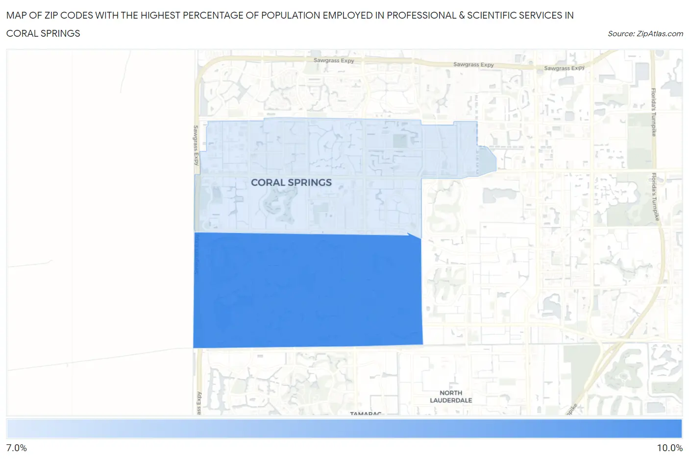 Zip Codes with the Highest Percentage of Population Employed in Professional & Scientific Services in Coral Springs Map