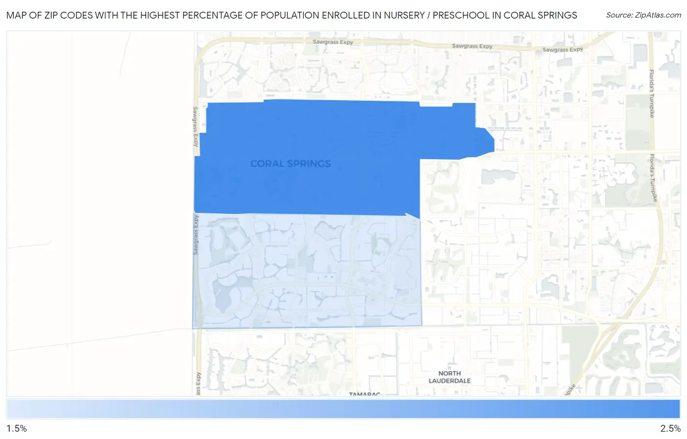 Zip Codes with the Highest Percentage of Population Enrolled in Nursery / Preschool in Coral Springs Map