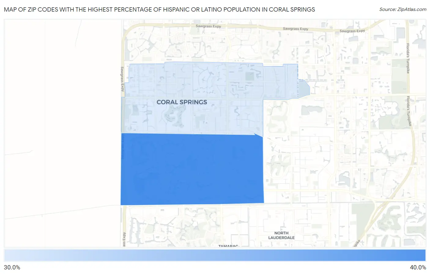 Zip Codes with the Highest Percentage of Hispanic or Latino Population in Coral Springs Map