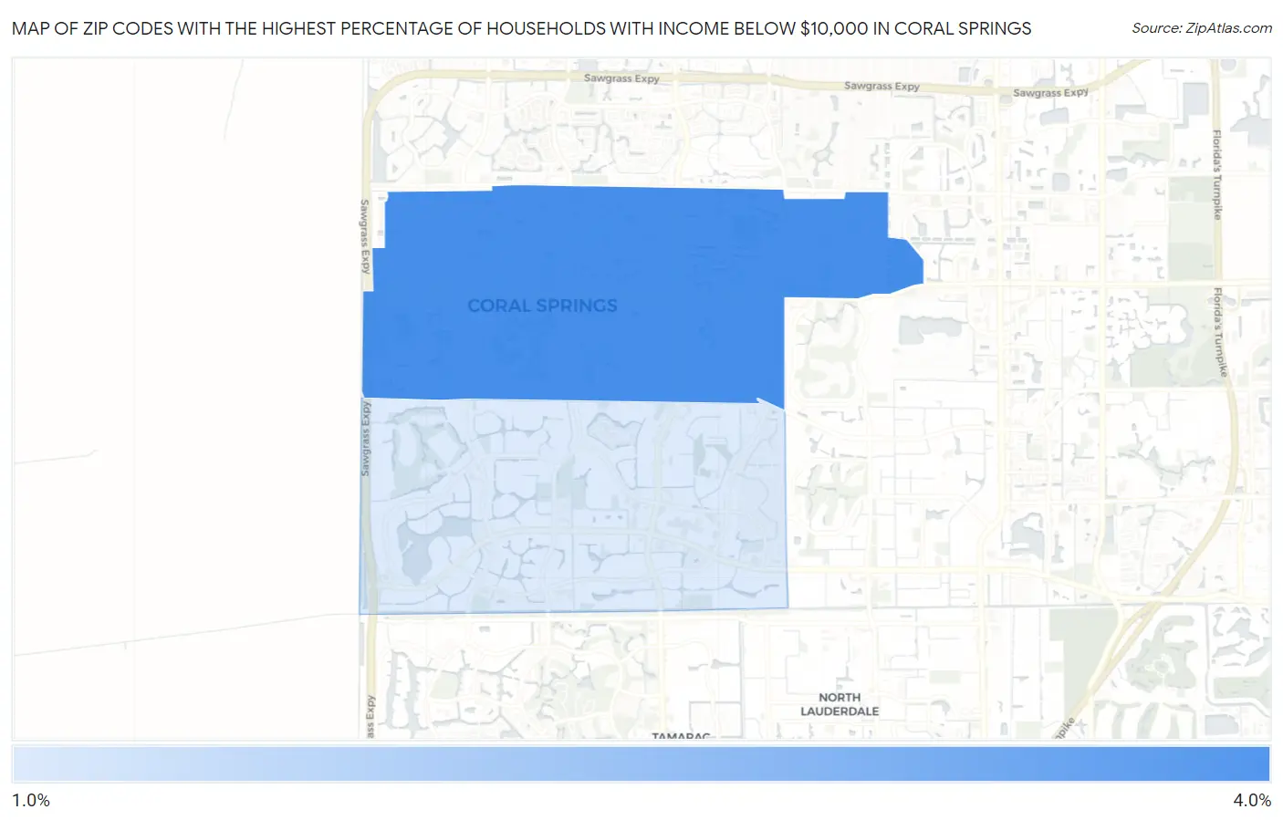 Zip Codes with the Highest Percentage of Households with Income Below $10,000 in Coral Springs Map