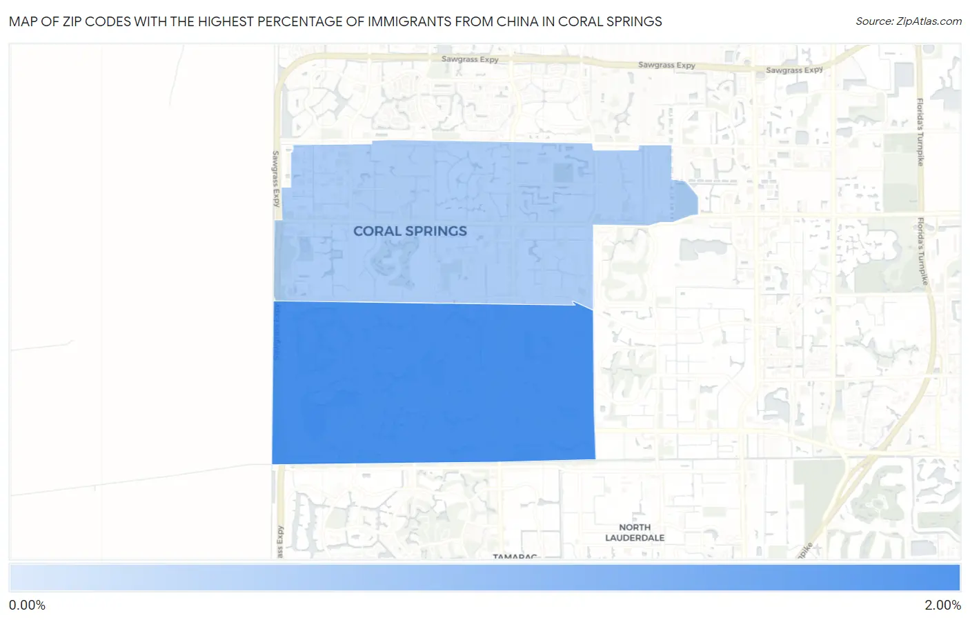 Zip Codes with the Highest Percentage of Immigrants from China in Coral Springs Map