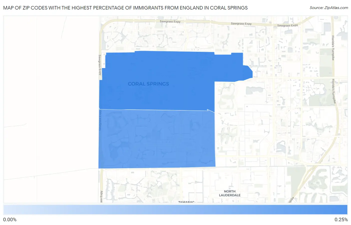 Zip Codes with the Highest Percentage of Immigrants from England in Coral Springs Map