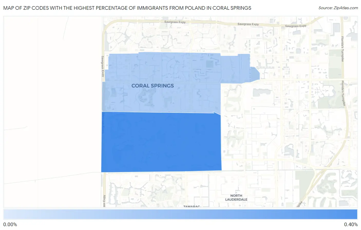 Zip Codes with the Highest Percentage of Immigrants from Poland in Coral Springs Map
