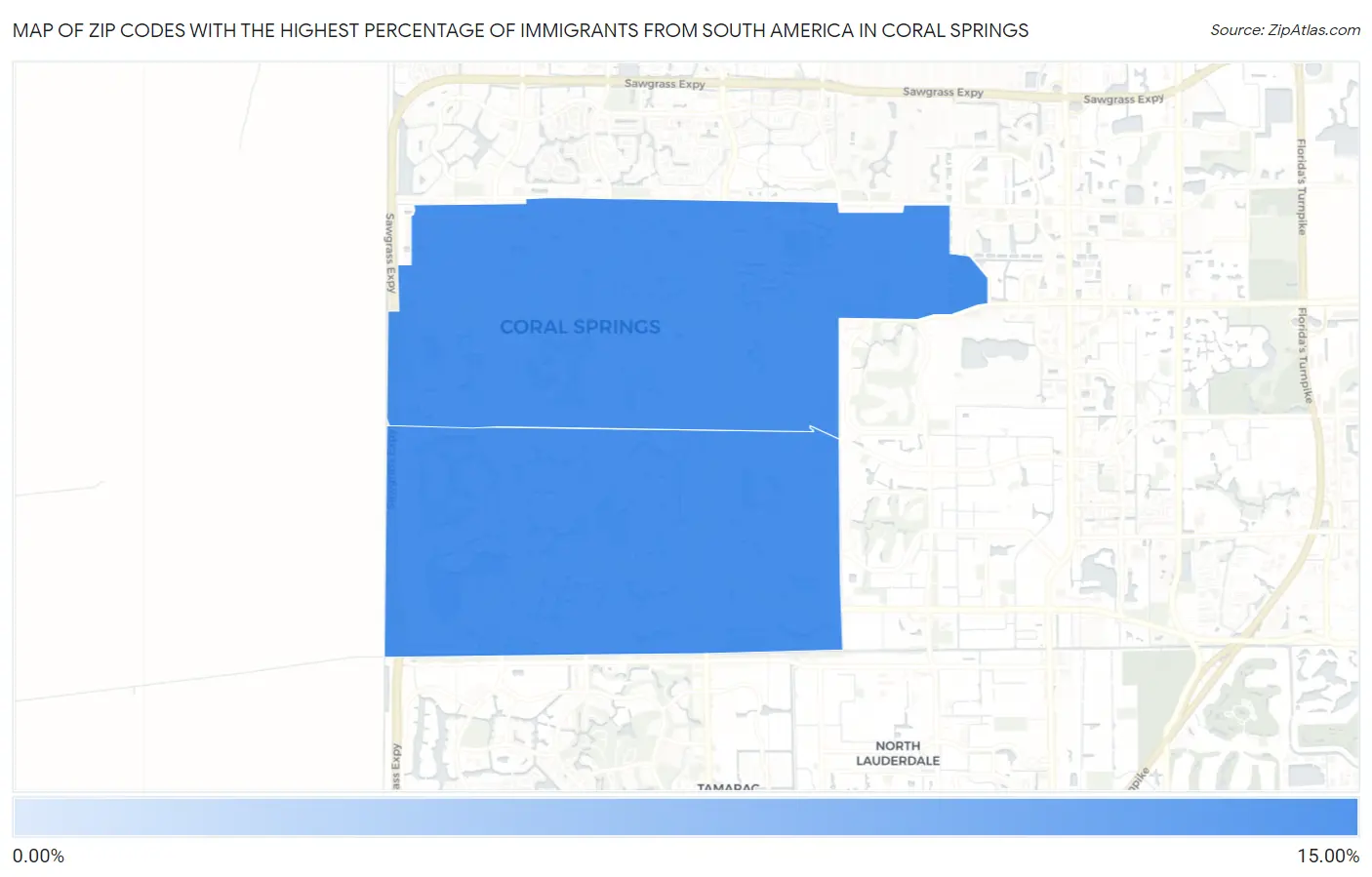Zip Codes with the Highest Percentage of Immigrants from South America in Coral Springs Map