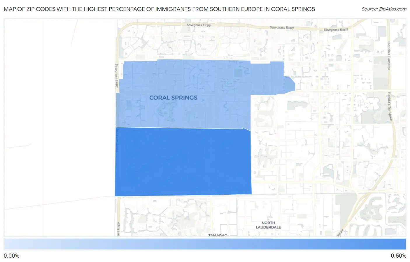 Zip Codes with the Highest Percentage of Immigrants from Southern Europe in Coral Springs Map