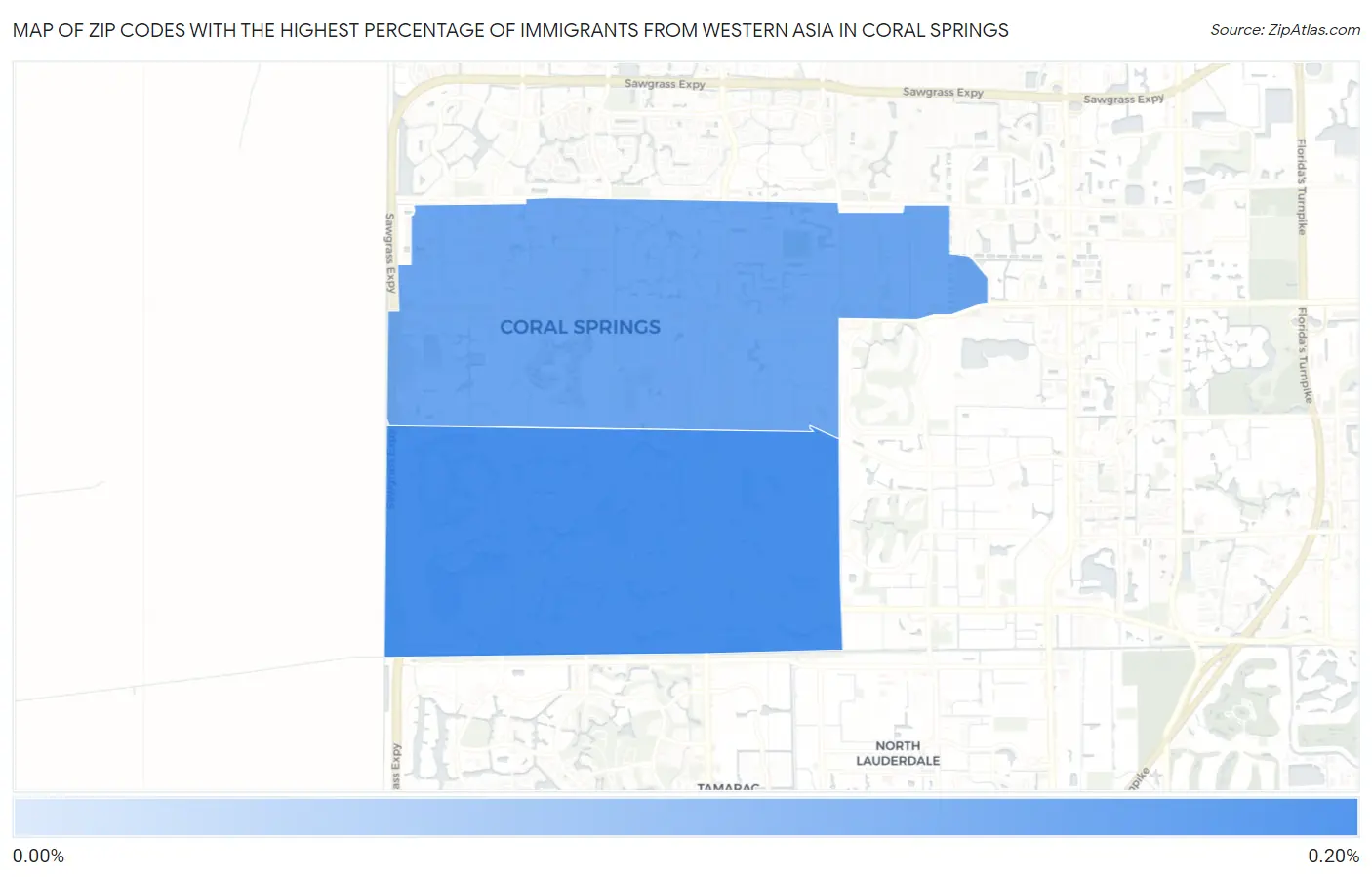 Zip Codes with the Highest Percentage of Immigrants from Western Asia in Coral Springs Map