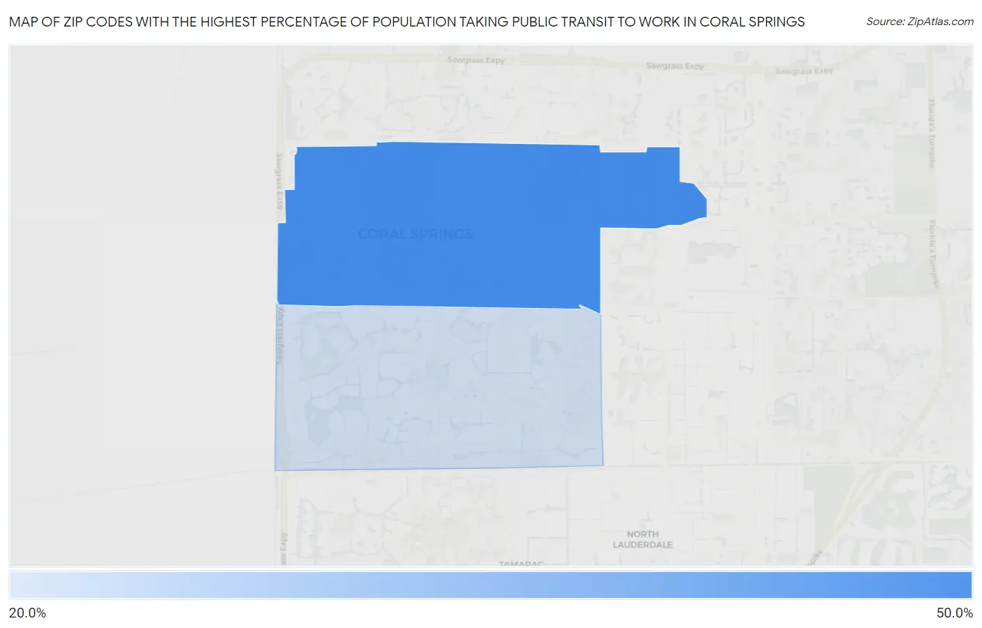Zip Codes with the Highest Percentage of Population Taking Public Transit to Work in Coral Springs Map