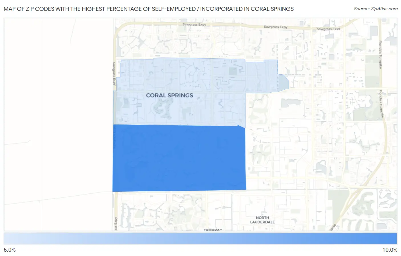 Zip Codes with the Highest Percentage of Self-Employed / Incorporated in Coral Springs Map
