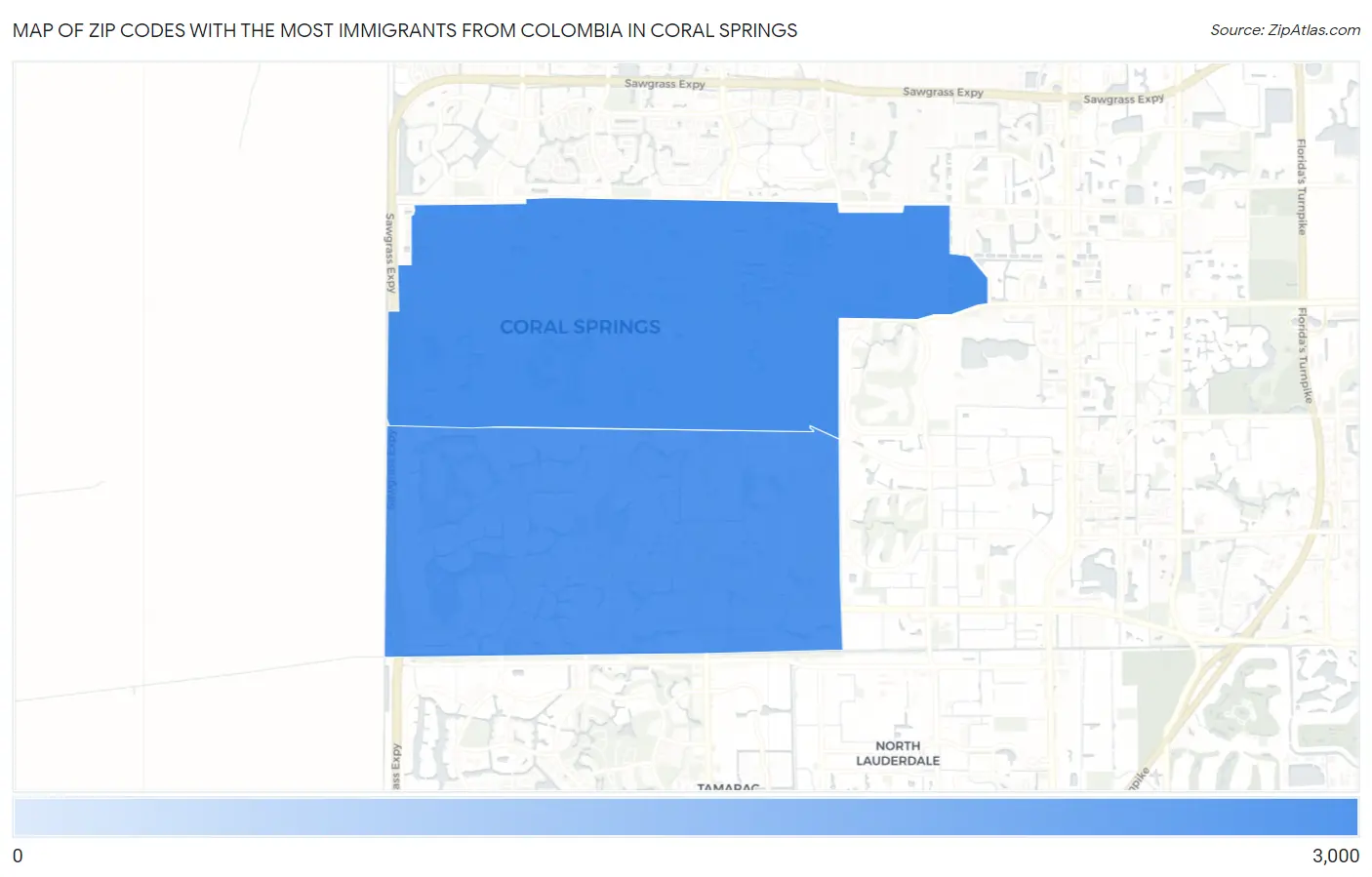 Zip Codes with the Most Immigrants from Colombia in Coral Springs Map