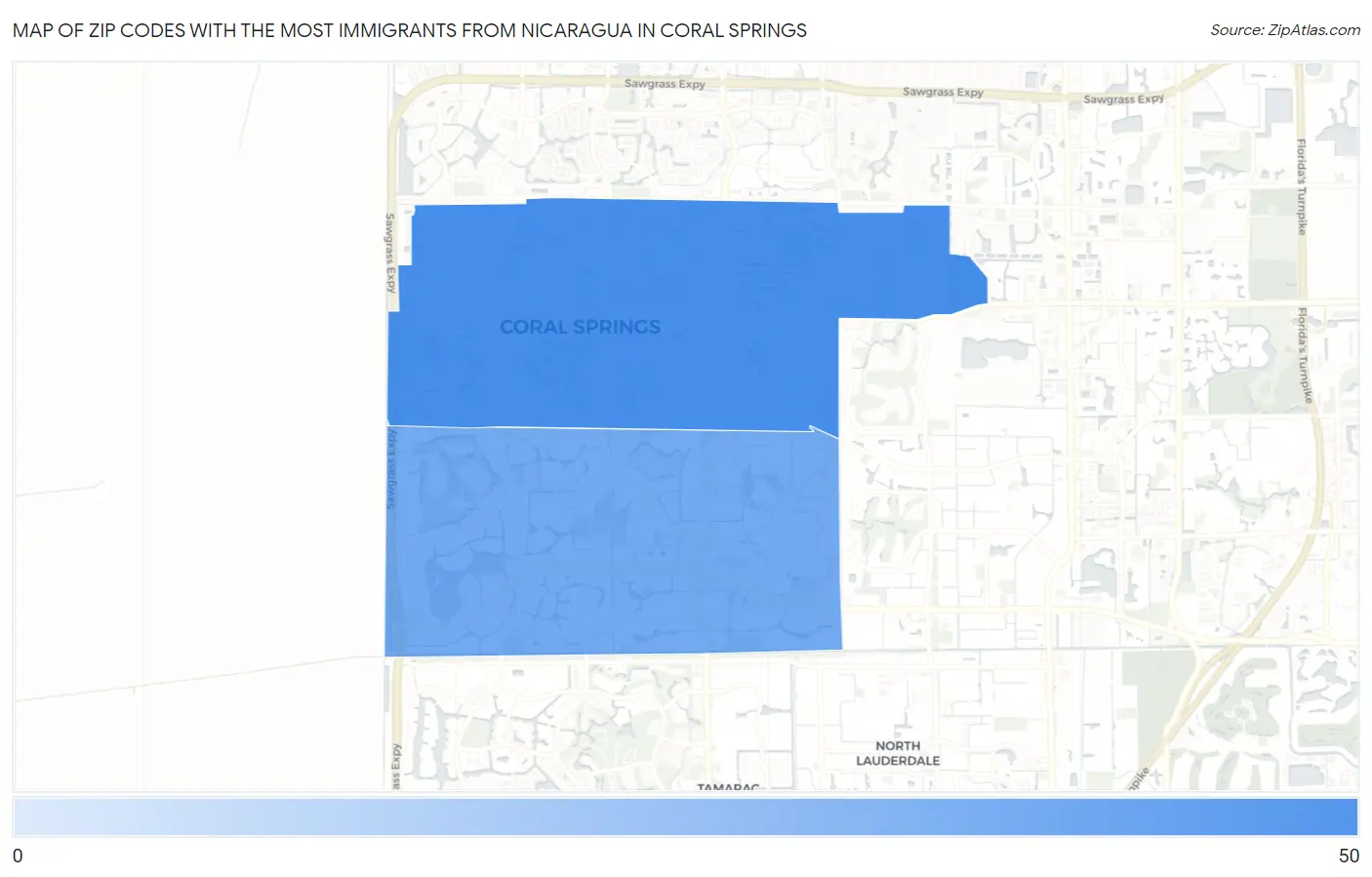Zip Codes with the Most Immigrants from Nicaragua in Coral Springs Map
