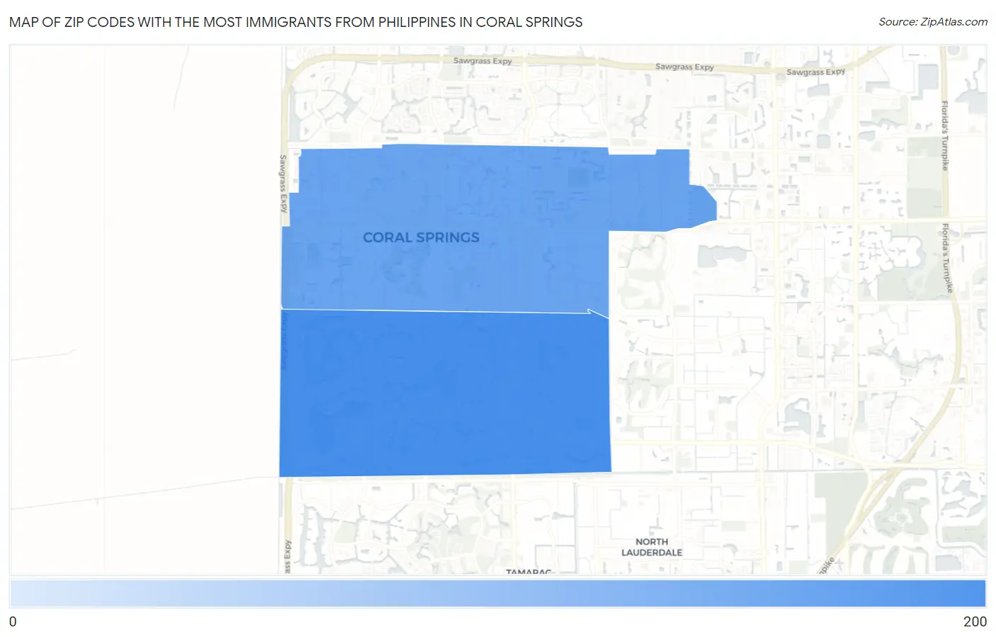 Zip Codes with the Most Immigrants from Philippines in Coral Springs Map