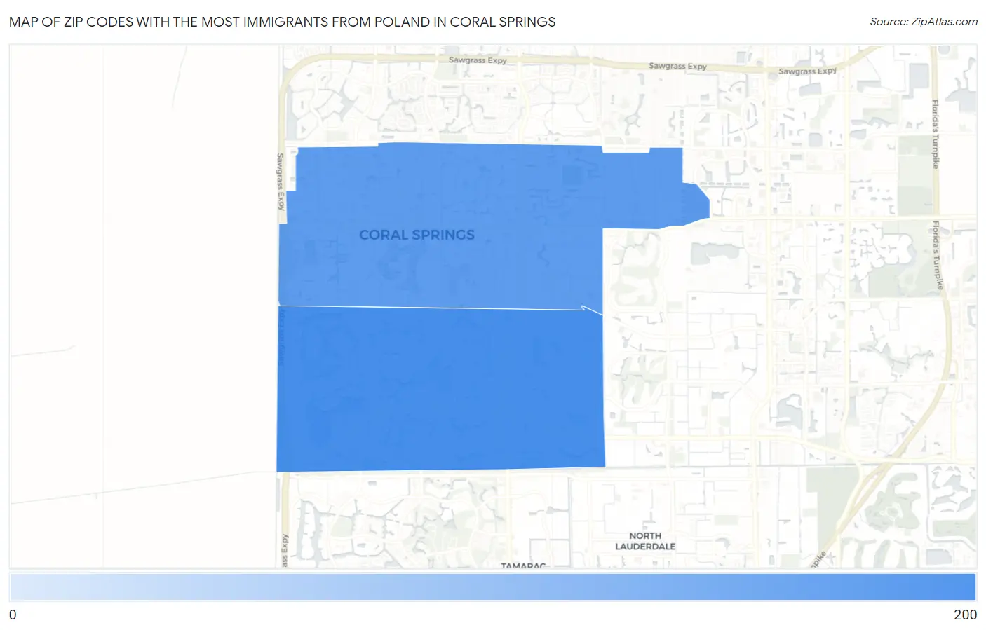 Zip Codes with the Most Immigrants from Poland in Coral Springs Map