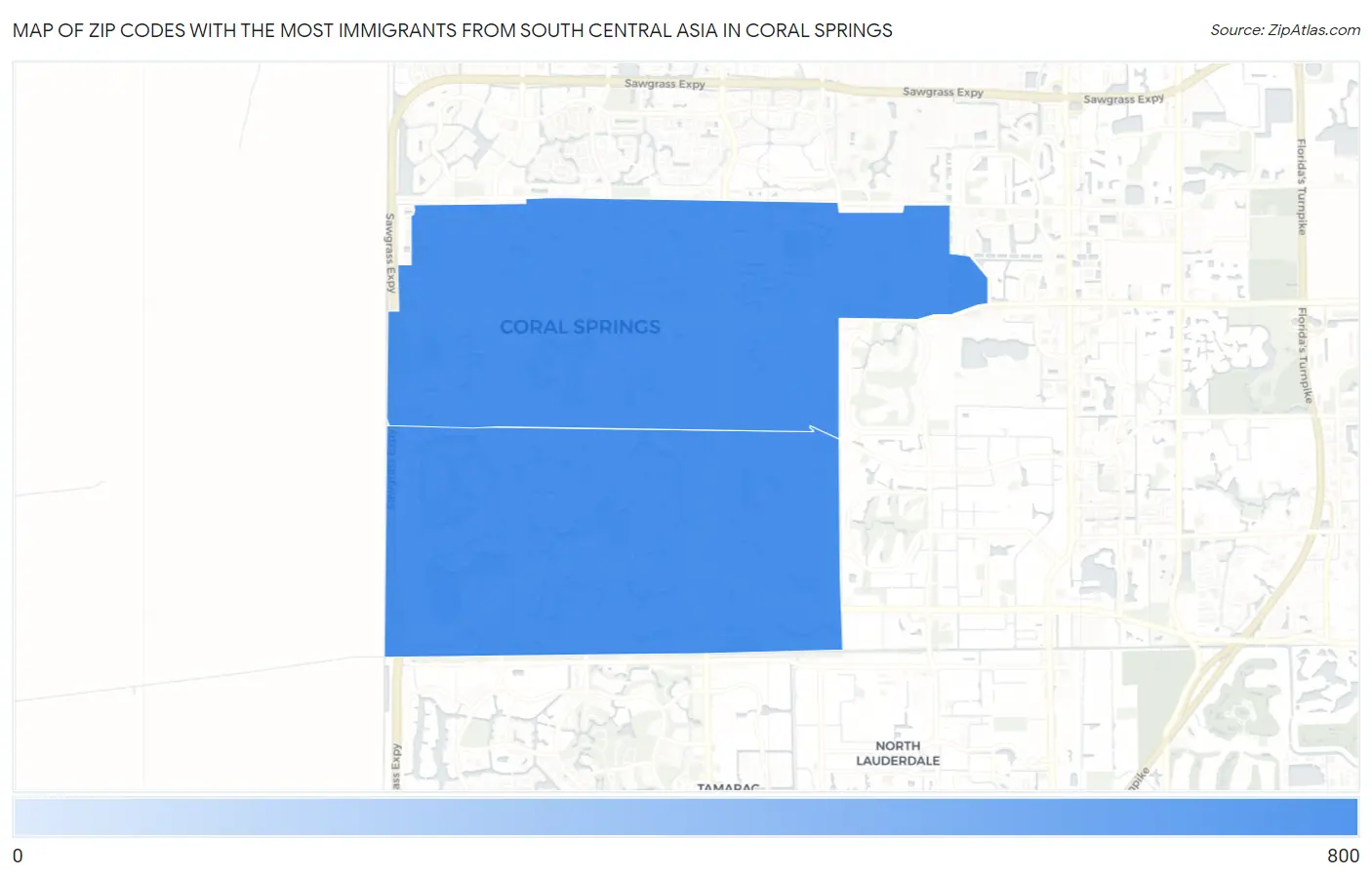 Zip Codes with the Most Immigrants from South Central Asia in Coral Springs Map