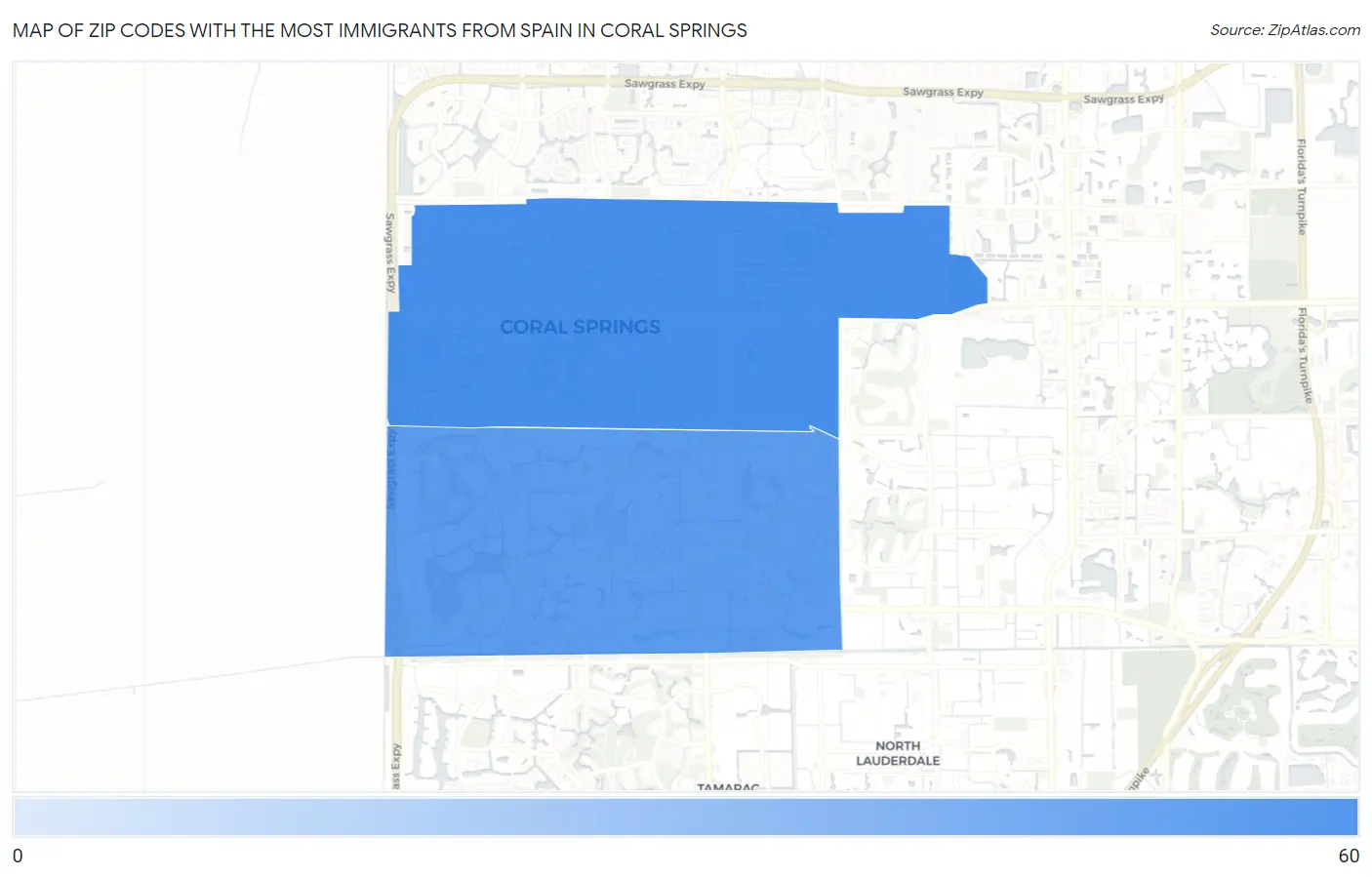 Zip Codes with the Most Immigrants from Spain in Coral Springs Map
