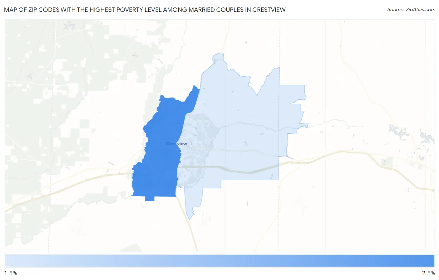 Zip Codes with the Highest Poverty Level Among Married Couples in Crestview Map