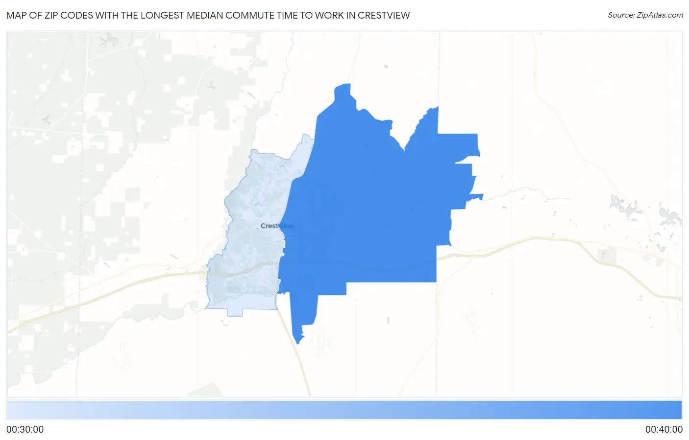Zip Codes with the Longest Median Commute Time to Work in Crestview Map