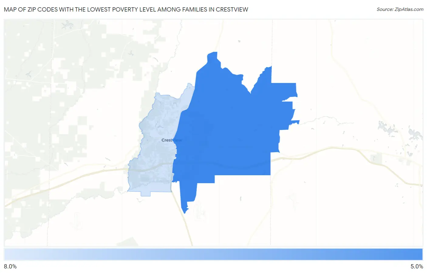 Zip Codes with the Lowest Poverty Level Among Families in Crestview Map
