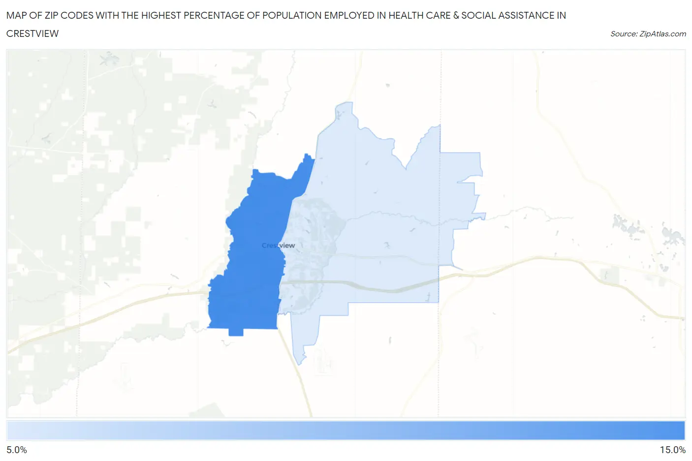 Zip Codes with the Highest Percentage of Population Employed in Health Care & Social Assistance in Crestview Map
