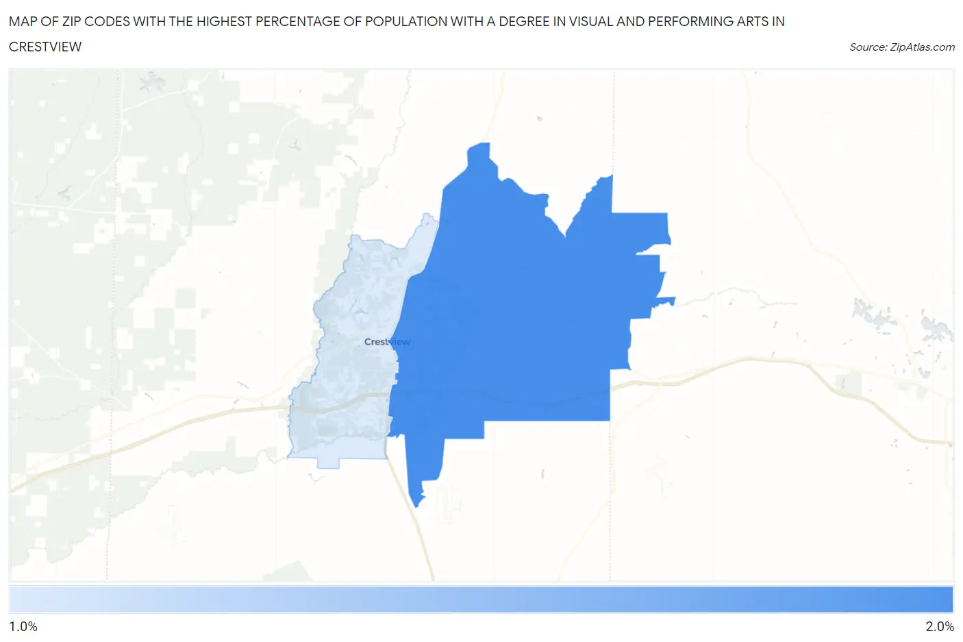 Zip Codes with the Highest Percentage of Population with a Degree in Visual and Performing Arts in Crestview Map