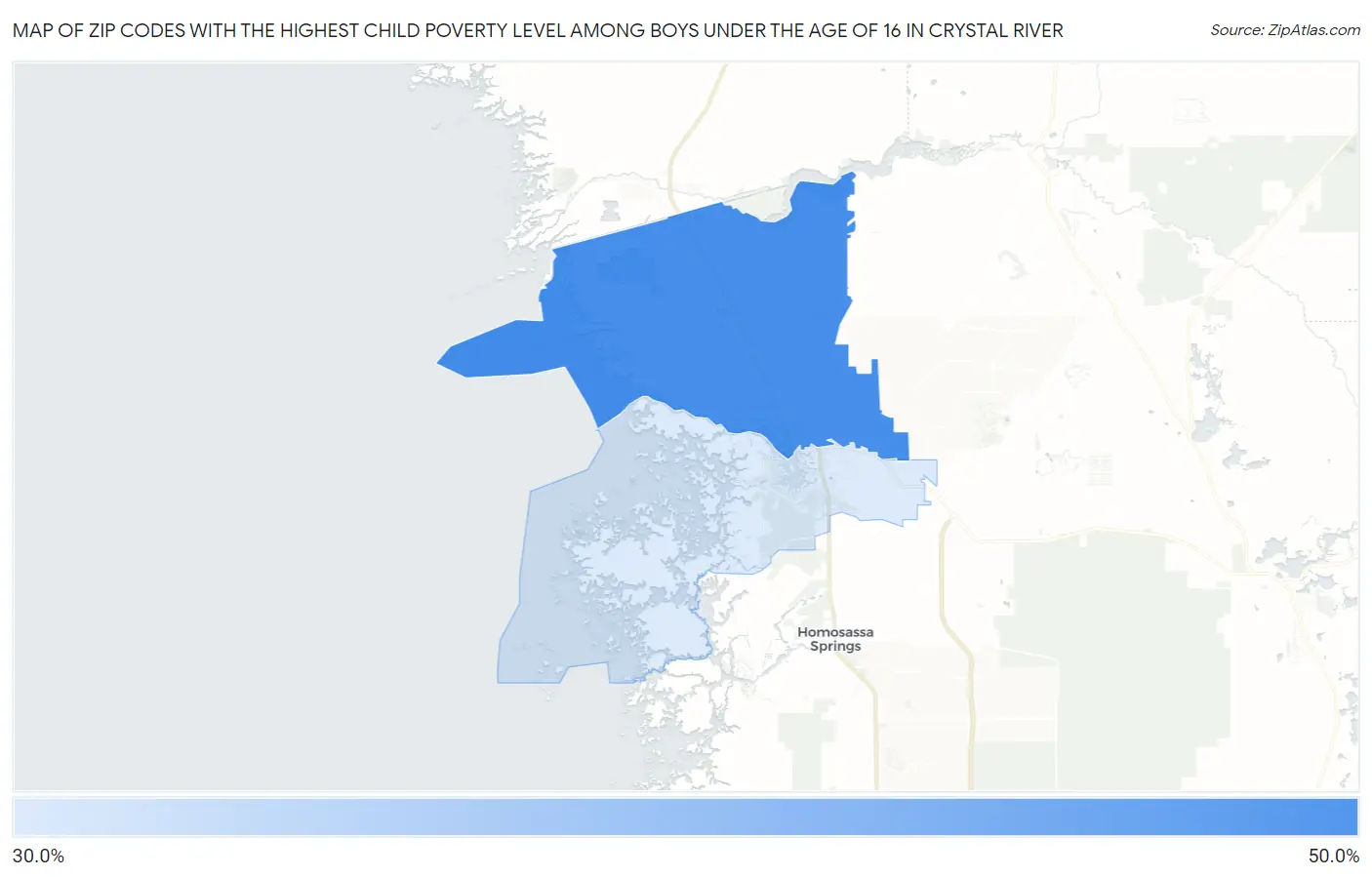 Zip Codes with the Highest Child Poverty Level Among Boys Under the Age of 16 in Crystal River Map