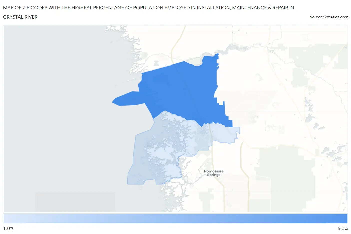 Zip Codes with the Highest Percentage of Population Employed in Installation, Maintenance & Repair in Crystal River Map