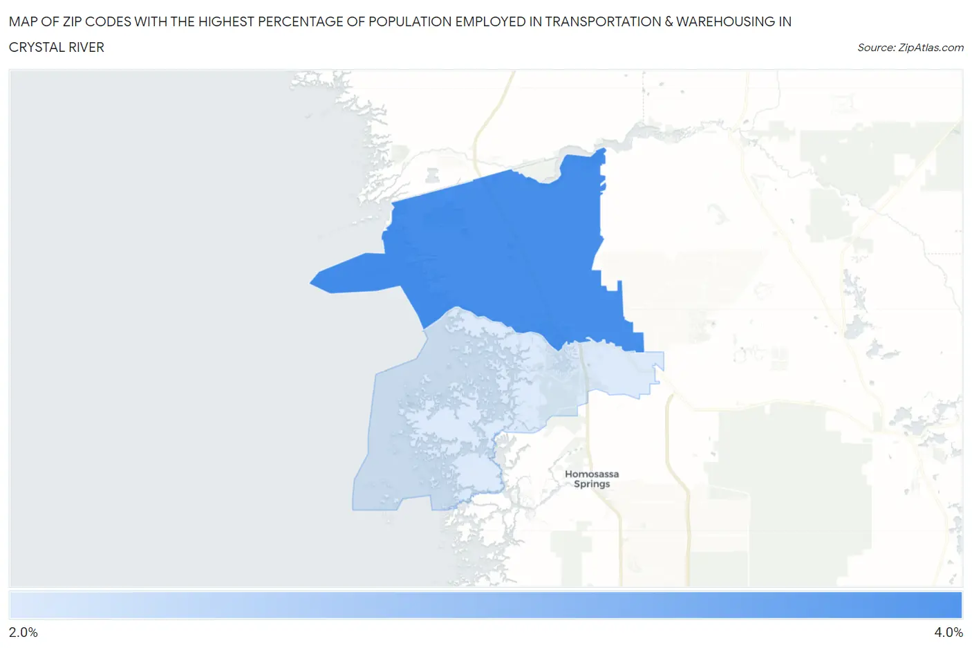 Zip Codes with the Highest Percentage of Population Employed in Transportation & Warehousing in Crystal River Map